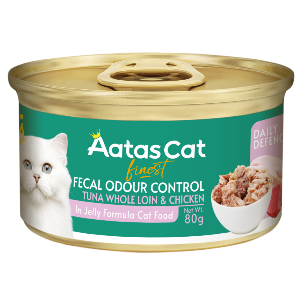 Aatas Cat Finest Daily Defence Fecal Odour Control Tuna Whole Loin & Chicken in Jelly Grain-Free Canned Cat Food 80g