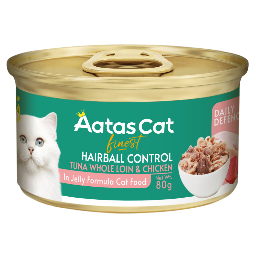 Aatas Cat Finest Daily Defence Hairball Control Tuna Whole Loin & Chicken in Jelly Grain-Free Canned Cat Food 80g