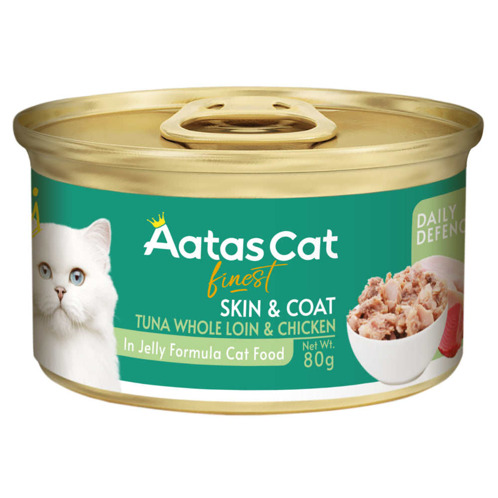 Aatas Cat Finest Daily Defence Skin & Coat Tuna Whole Loin & Chicken in Jelly Grain-Free Canned Cat Food 80g