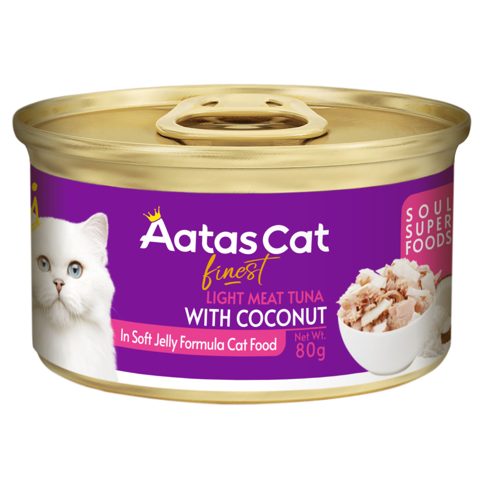 Aatas Cat Finest Soul Superfoods Tuna White Meat with Coconut in Soft Jelly Grain-Free Canned Cat Food 80g