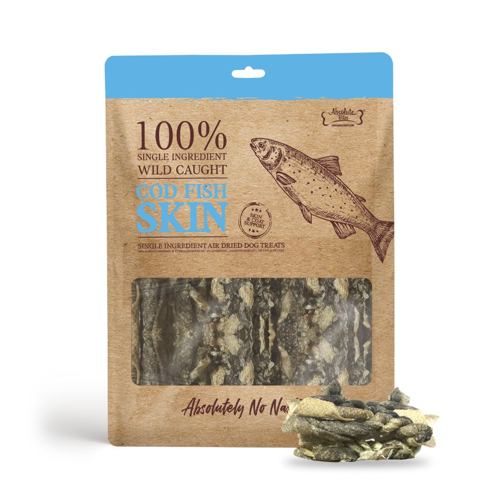 Absolute Bites Single Ingredient Air-Dried Cod Fish Skin Grain-Free Dog Treats 60g