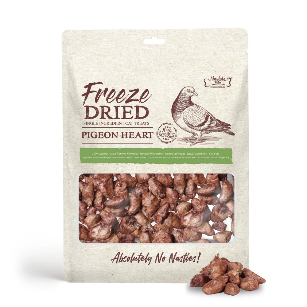 Absolute Bites Single Ingredient Freeze Dried Pigeon Heart Cat Treats 50g