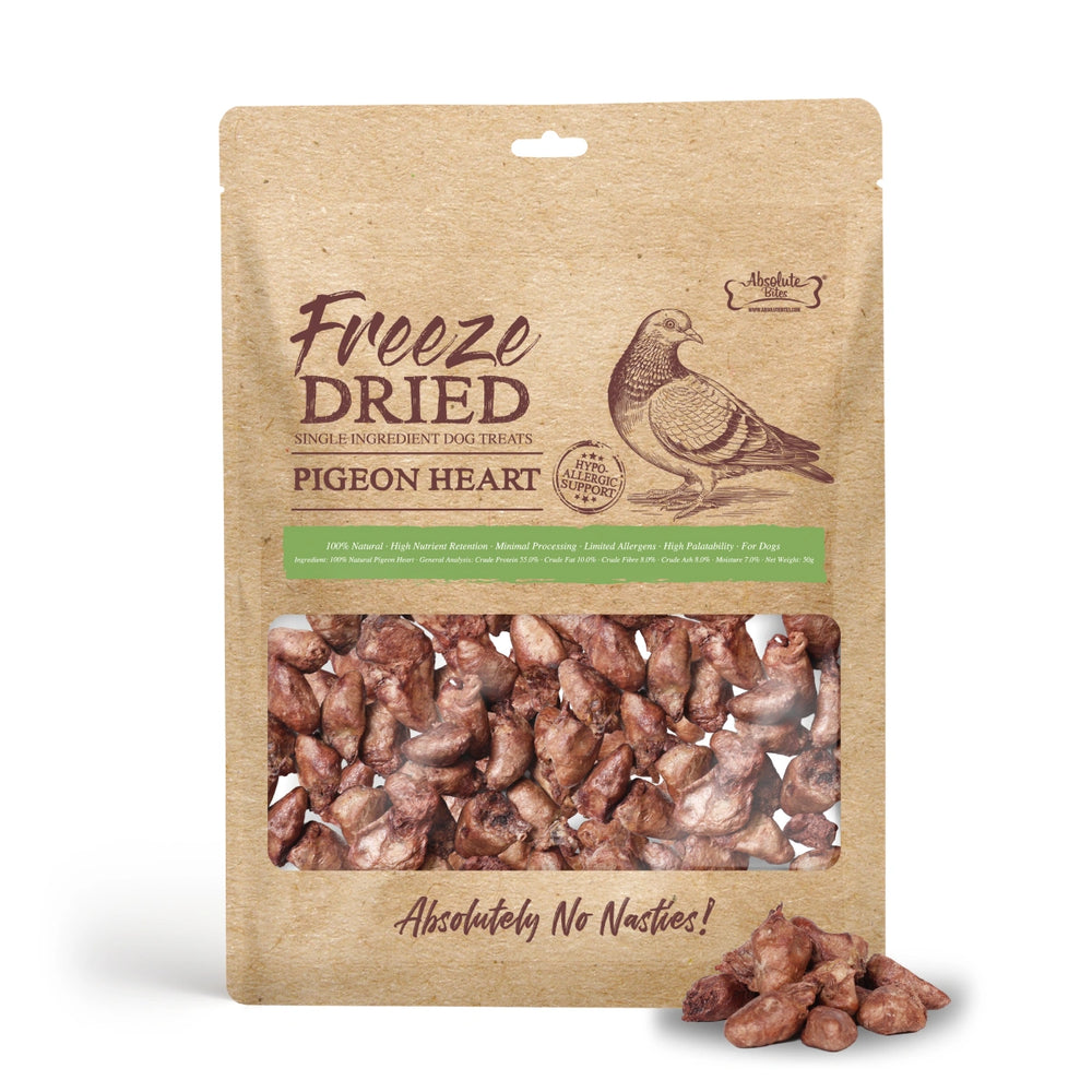 Absolute Bites Single Ingredient Freeze Dried Pigeon Heart Dog Treats 50g