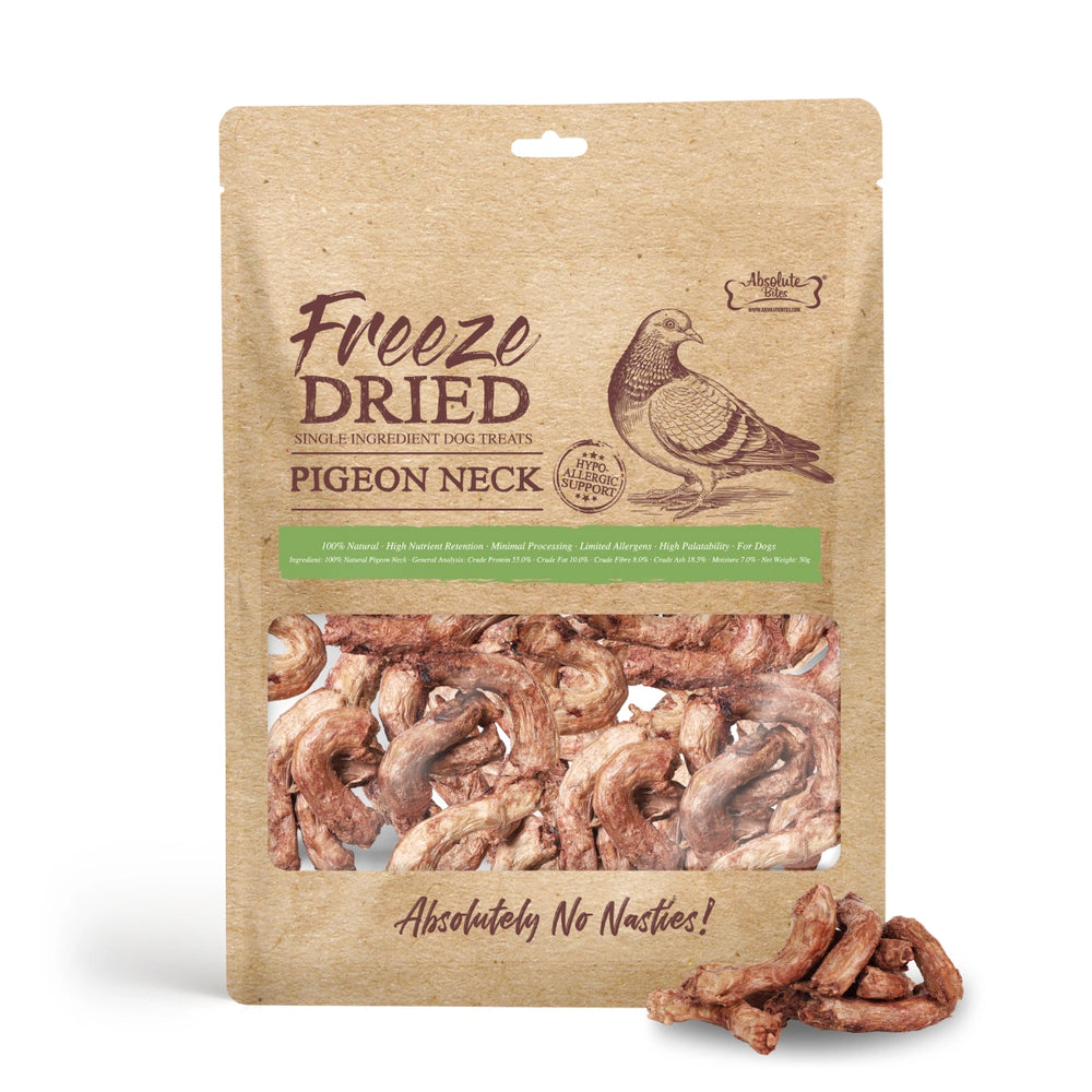 Absolute Bites Single Ingredient Freeze Dried Pigeon Neck Dog Treats 50g