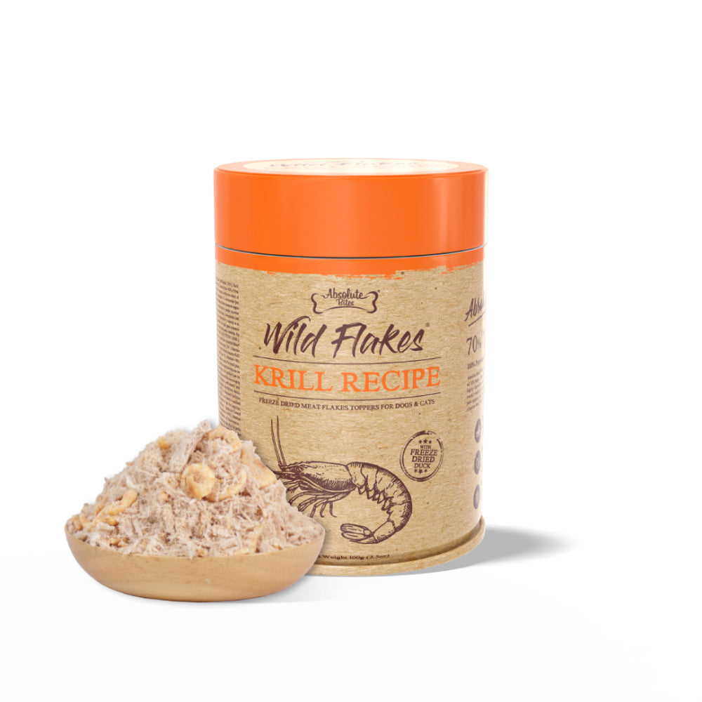 Absolute Bites Freeze Dried Wild Flakes Toppers for Cats & Dogs - Krill with Duck Recipe 100g