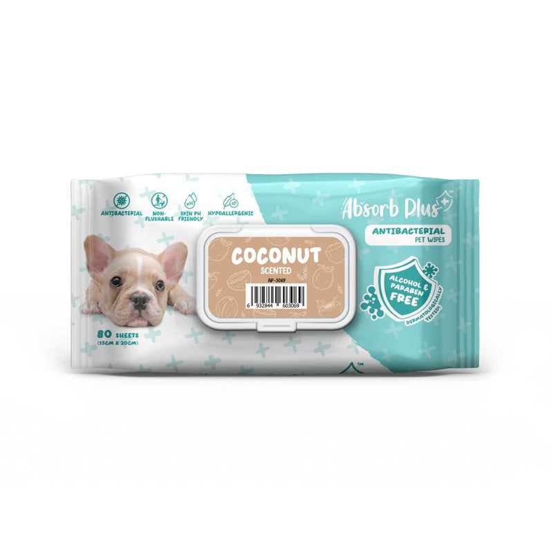 Absorb Plus AntiBacterial Pet Wipes Coconut Scented 15cm x 20cm - 80sheets