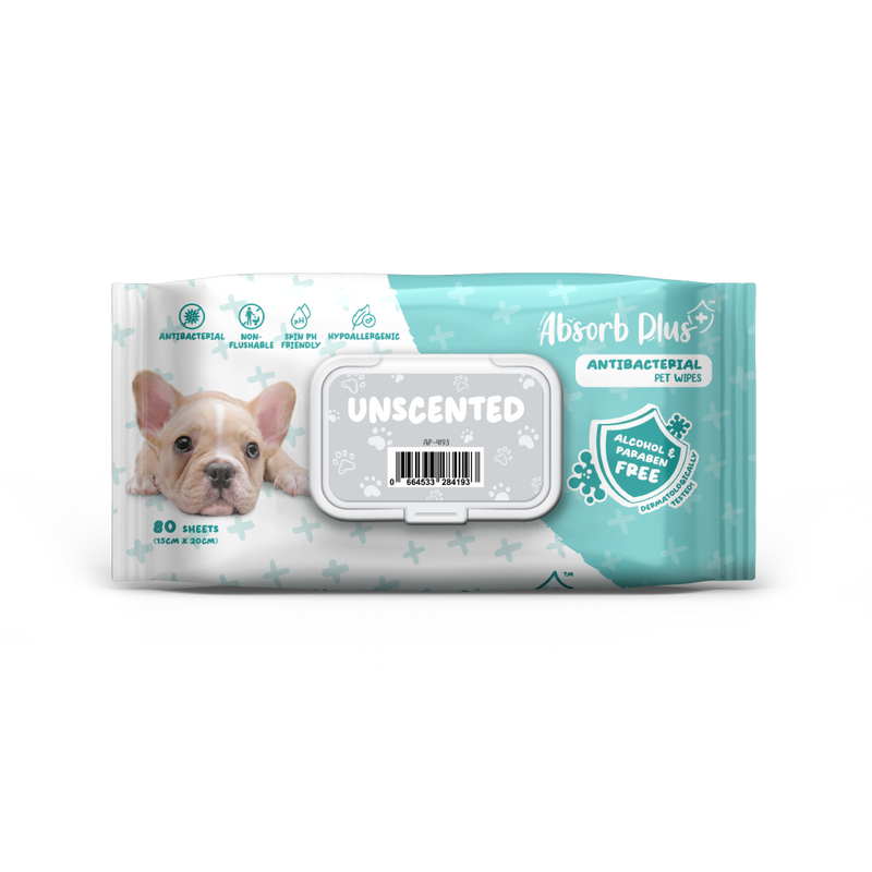 Absorb Plus AntiBacterial Pet Wipes Unscented 15cm x 20cm - 80sheets