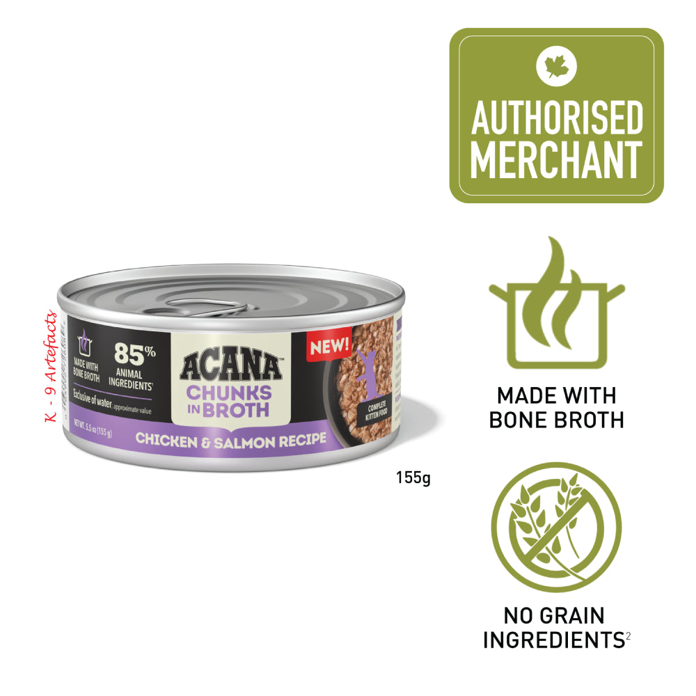 Acana Chunks in Broth Chicken & Salmon Recipe Kitten Canned Cat Food 155g