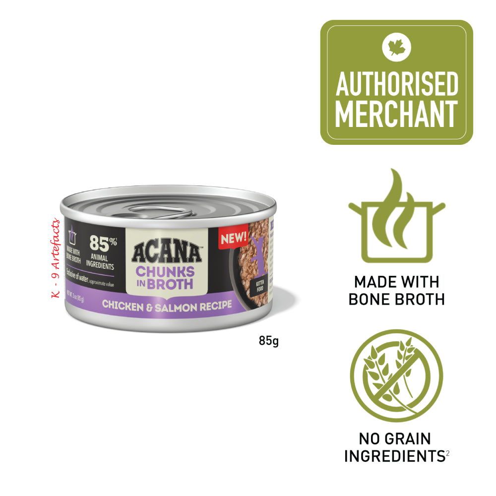 Acana Chunks in Broth Chicken & Salmon Recipe Kitten Canned Cat Food 85g