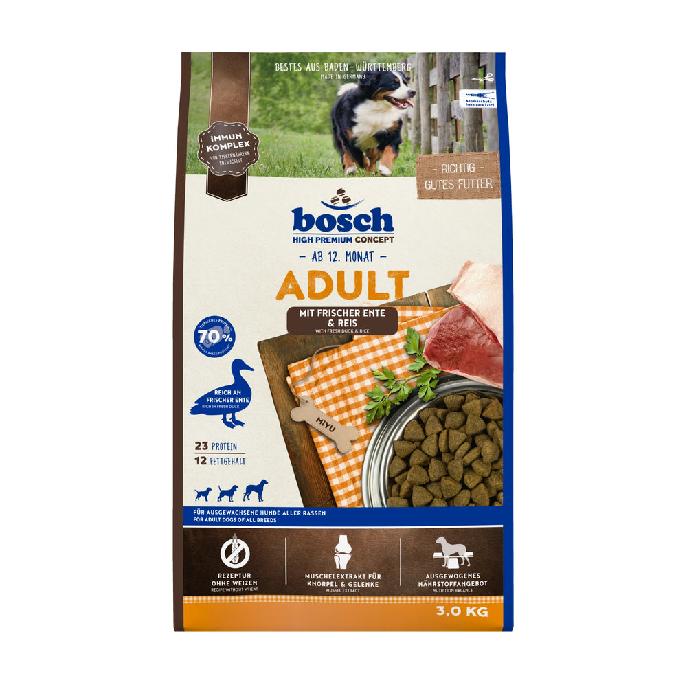 Bosch Dog High Premium Adult Duck & Rice 3kg bag front view