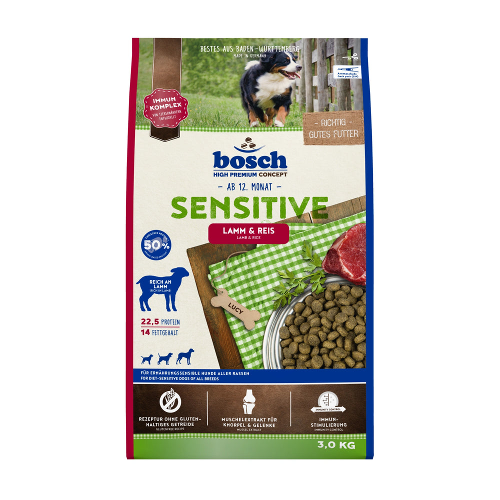 Bosch Dog High Premium Adult Sensitive Lamb & Rice 3kg bag front view