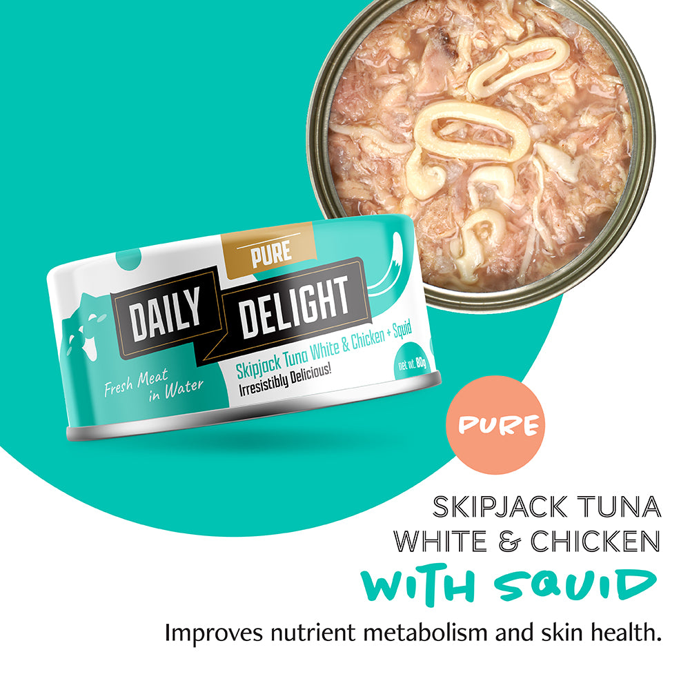 Daily Delight Pure Skipjack Tuna White & Chicken with Squid Canned Cat Food 80g (DD46N)