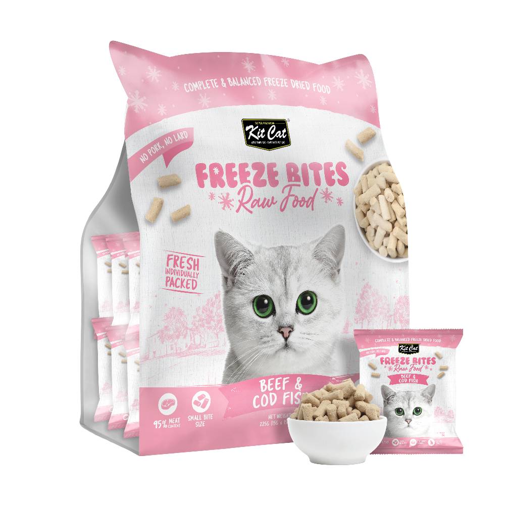 Kit Cat Freeze Bites Beef & Cod Fish Freeze-Dried Raw Cat Food 225g (15g x 15)