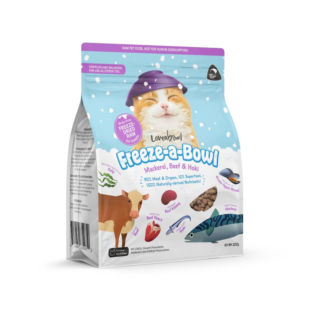 Loveabowl Cat Food Freeze A Bowl Freeze-Dried Raw Mackerel, Beef & Hoki 200g