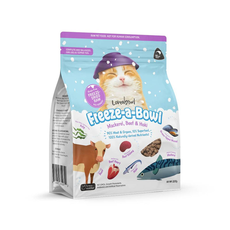 Loveabowl Cat Food Freeze A Bowl Freeze-Dried Raw  Mackerel, Beef & Hoki 200g