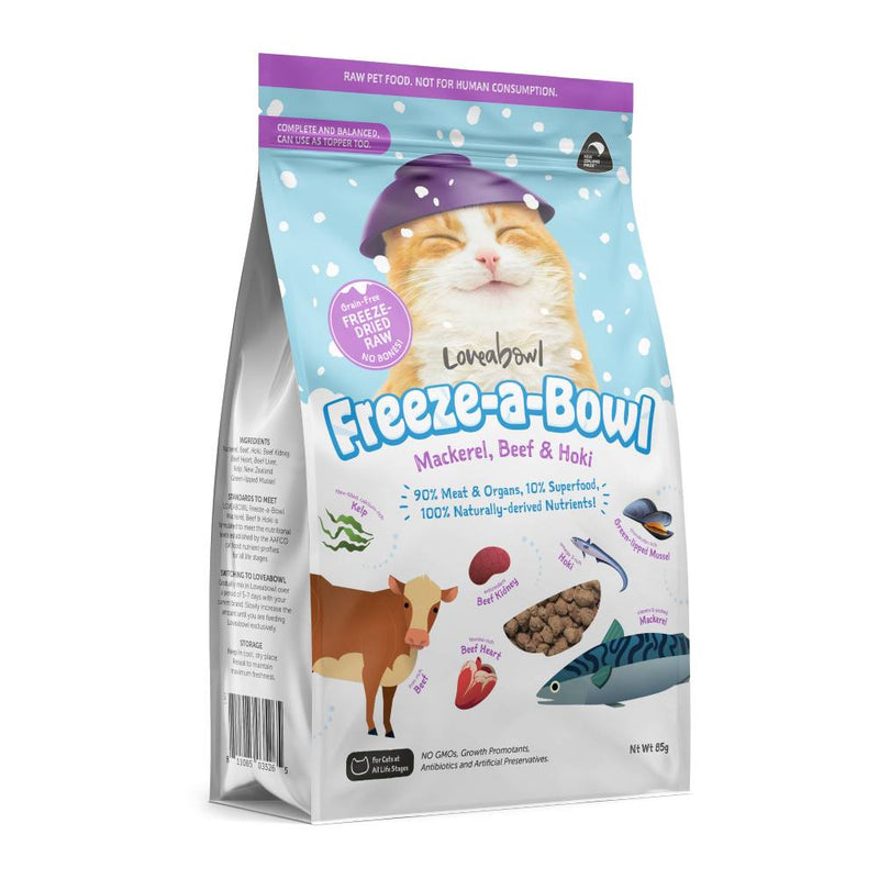 Loveabowl Cat Food Freeze A Bowl Freeze-Dried Raw Mackerel, Beef & Hoki 85g