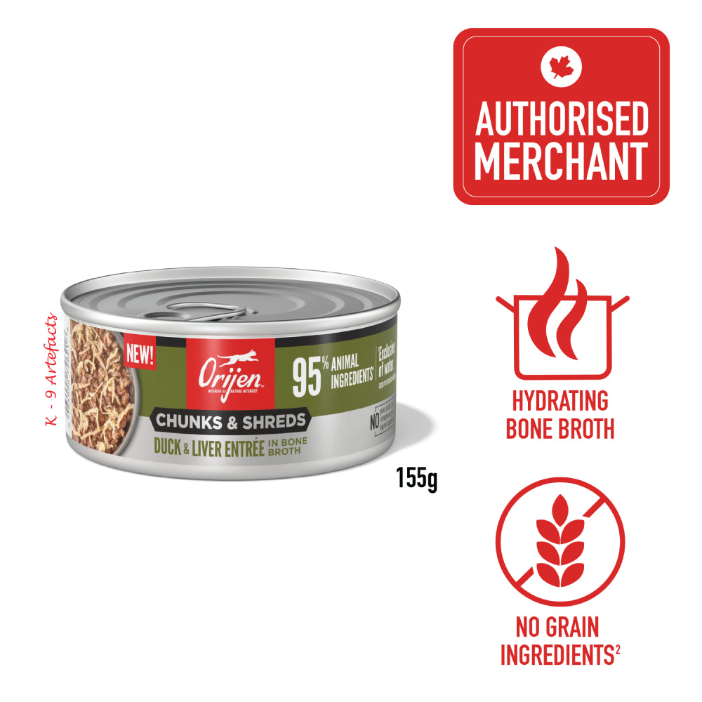Orijen Chunks & Shreds Duck & Liver Entree in Bone Broth Canned Cat Food 155g