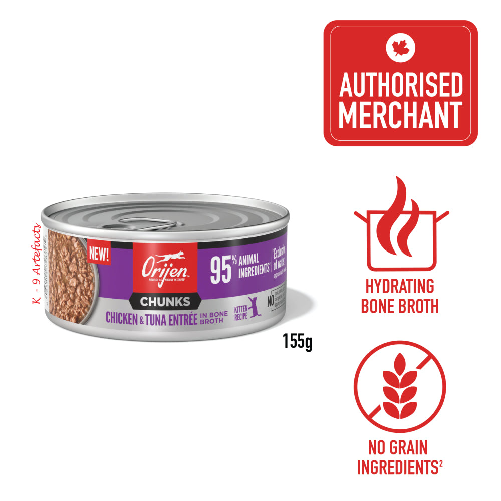 Orijen Kitten Chunks & Shreds Chicken & Tuna Entree in Bone Broth Canned Cat Food 155g