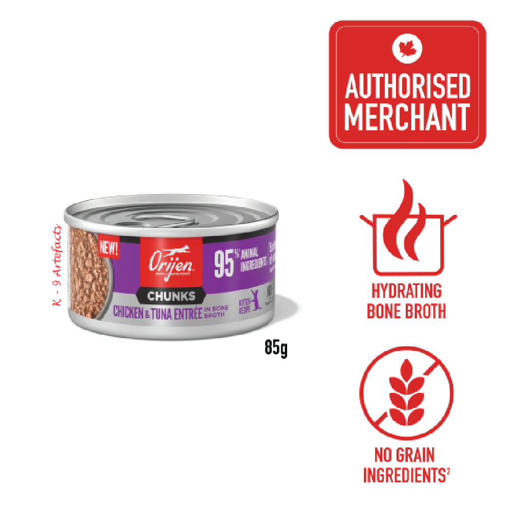 Orijen Kitten Chunks & Shreds Chicken & Tuna Entree in Bone Broth Canned Cat Food 85g