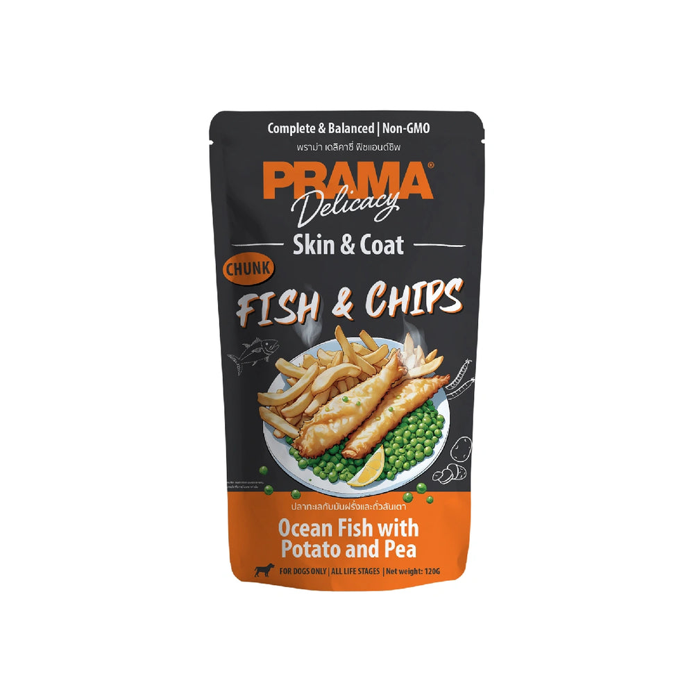 Prama Skin & Coat Chunk Fish & Chips in Gravy Pouch Dog Food 120g
