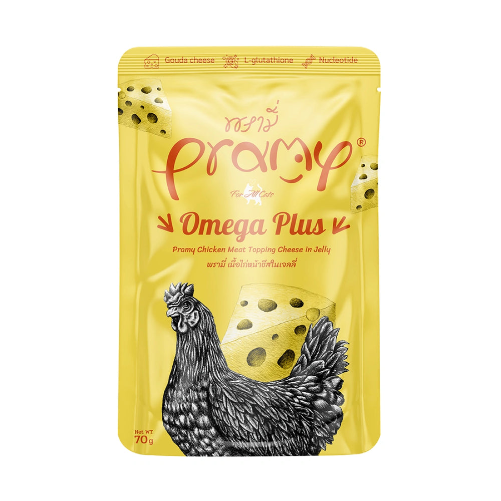 Pramy Omega Plus Chicken Meat Topping Cheese in Jelly Pouch Cat Food 70g