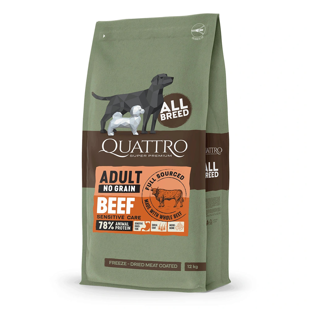 Quattro Dog Adult All Breed No Grain Beef 12kg bag front view