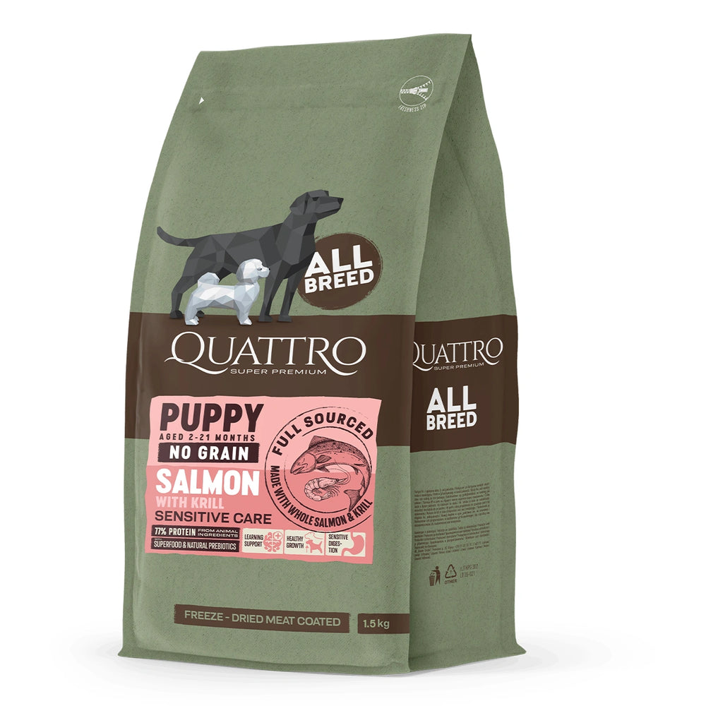 Quattro Dog Junior All Breed No Grain Salmon & Krill 1.5kg bag front view