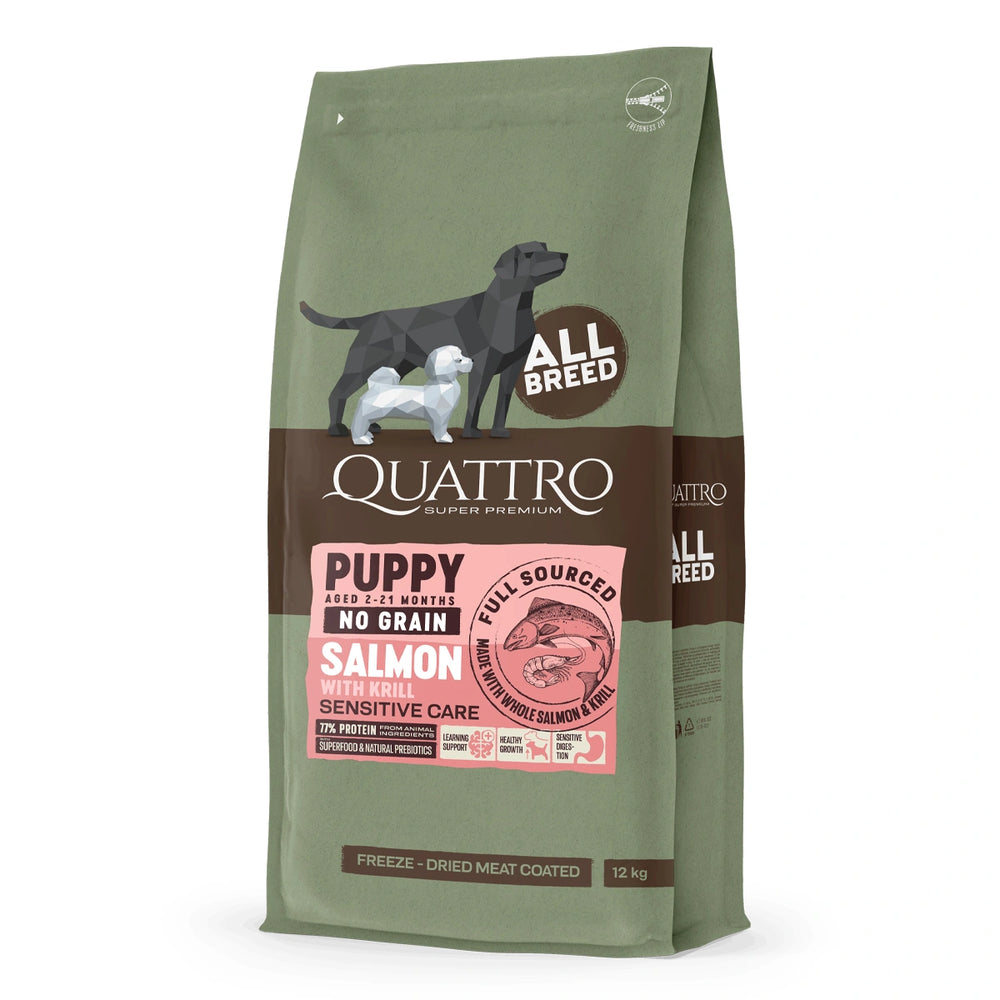 Quattro Dog Junior All Breed No Grain Salmon & Krill 12kg bag front view
