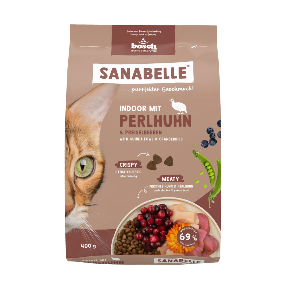 Sanabelle Life Guinea Fowl Indoor Dry Cat Food 400g bag front view