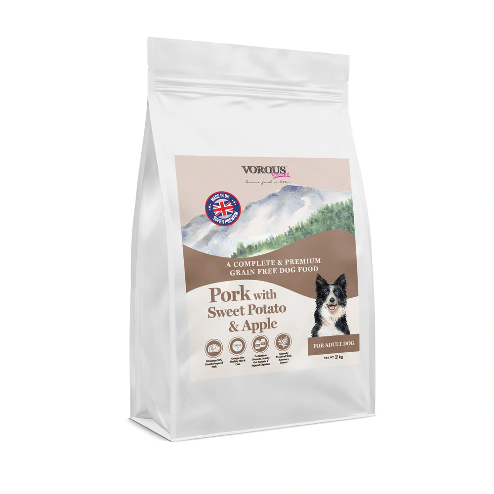 Vorous Pork with Sweet Potato & Apple Adult Dry Dog Food 2kg bag front view