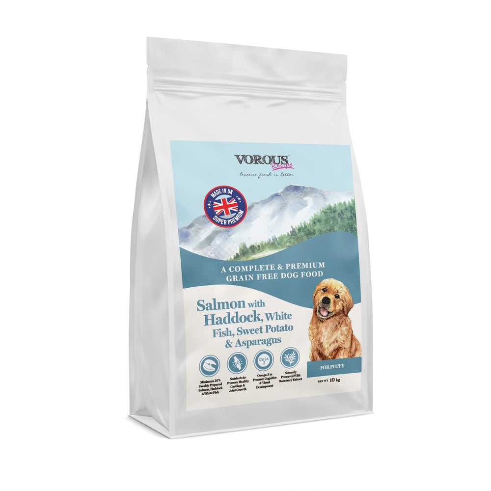 Vorous Salmon with Haddock White Fish Sweet Potato & Asparagus Puppy Dry Dog Food 10kg front view