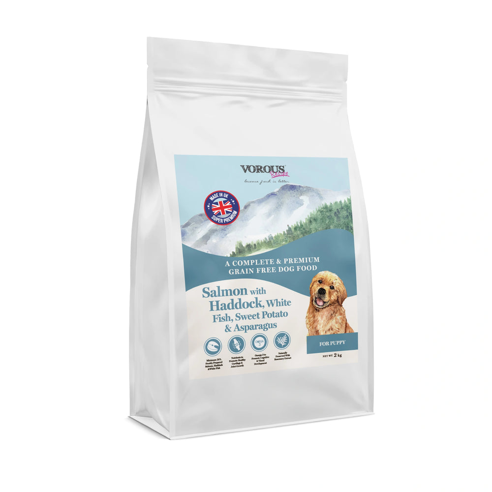 Vorous Salmon with Haddock White Fish Sweet Potato & Asparagus Puppy Dry Dog Food 2kg bag front view