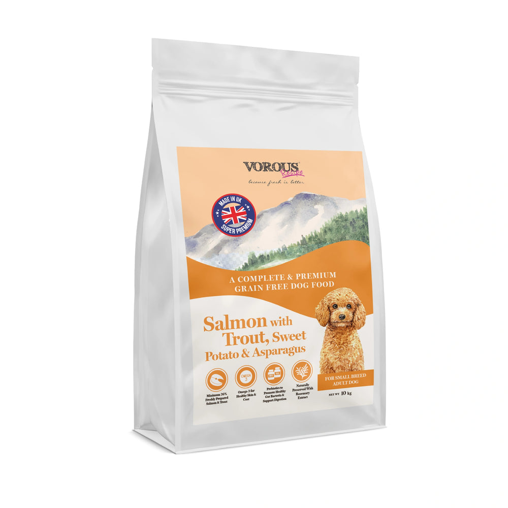 Vorous Salmon with Trout Sweet Potato & Asparagus Small Breed Adult Dry Dog Food 10kg bag front view