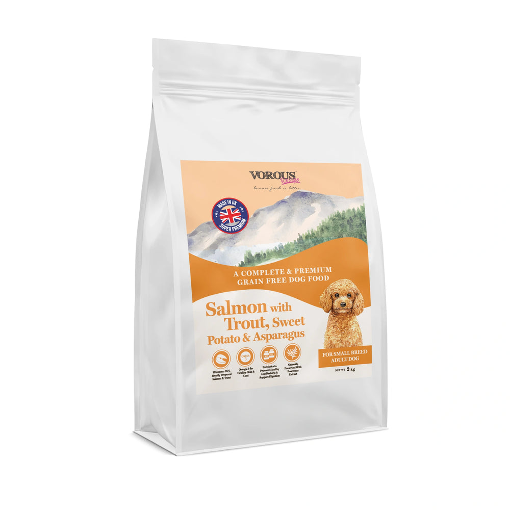 Vorous Salmon with Trout Sweet Potato & Asparagus Small Breed Adult Dry Dog Food 2kg bag front view