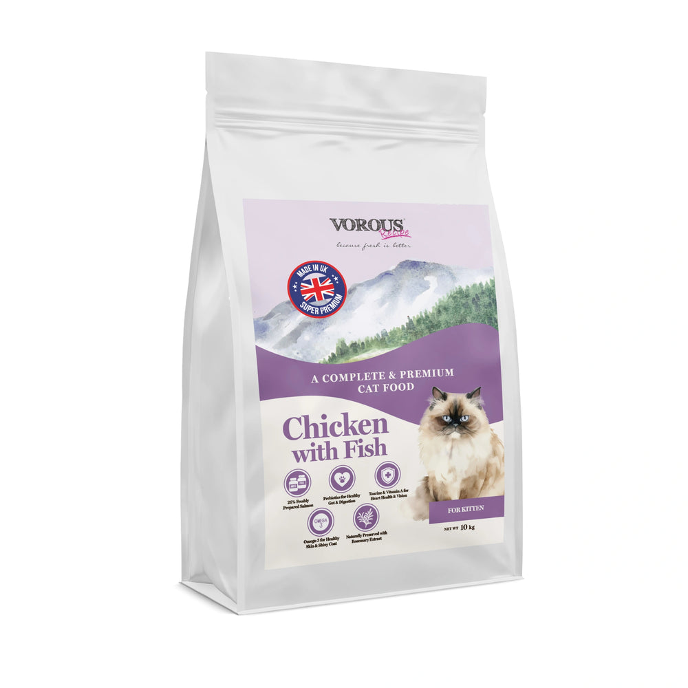 Vorous Super Premium Chicken with Fish & Rice Kitten Dry Cat Food 10kg bag front view