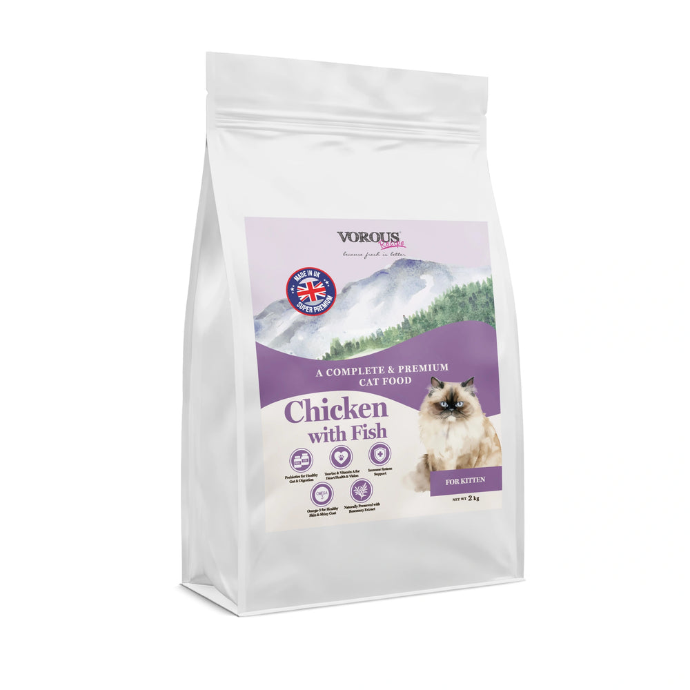 Vorous Super Premium Chicken with Fish & Rice Kitten Dry Cat Food 2kg bag front view