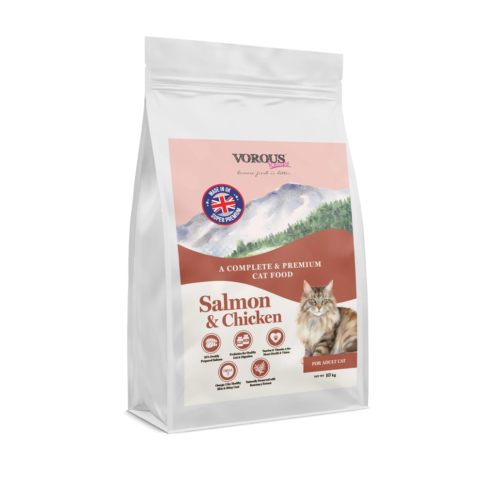 Vorous Super Premium Salmon & Chicken with Rice Dry Cat Food 10kg bag front view