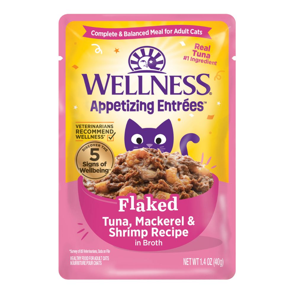 Wellness Cat Appetizing Entrees Flaked Tuna, Mackerel & Shrimp in Broth Adult Pouch Cat Food 1.4oz