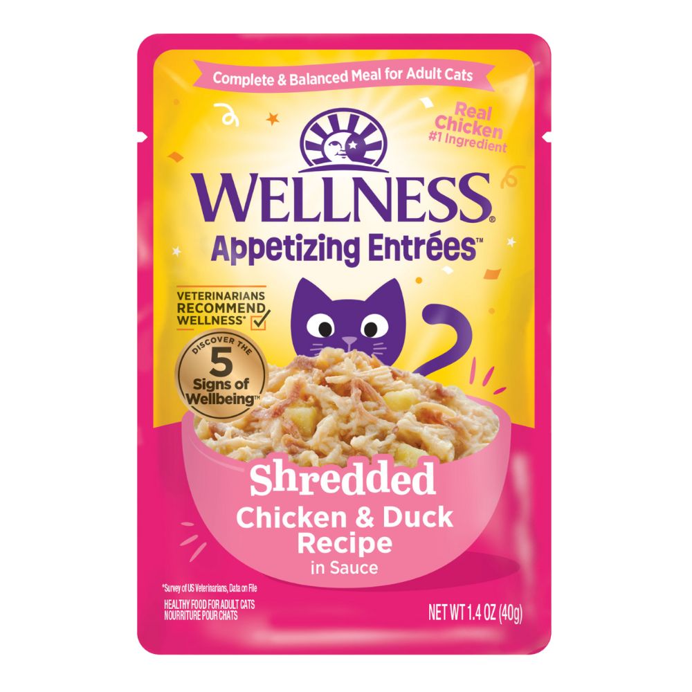 Wellness Cat Appetizing Entrees Shredded Chicken & Duck in Sauce Adult Pouch Cat Food 1.4oz