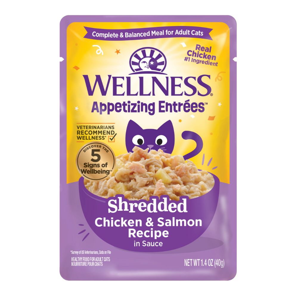Wellness Cat Appetizing Entrees Shredded Chicken & Salmon in Sauce Adult Pouch Cat Food 1.4oz