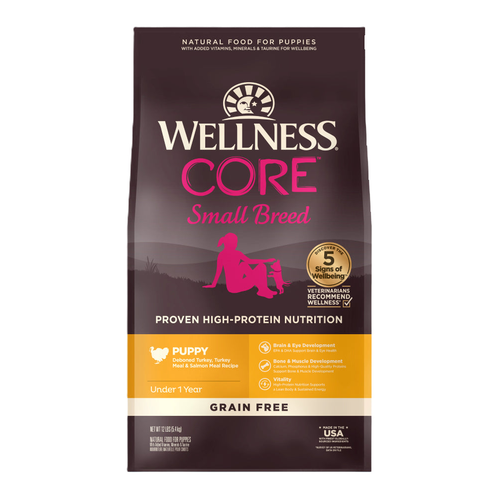 Wellness Dog Core Small Breed Puppy Deboned Turkey, Turkey Meal & Salmon Meal Recipe Grain-Free Dry Dog Food 12lb