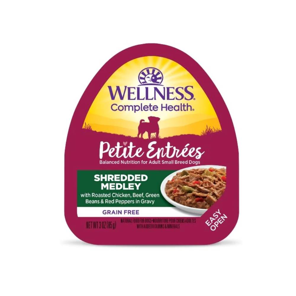 Wellness Dog Small Breed Petite Entrees: Shredded Medley Roasted Chicken, Beef, Green Beans & Red Peppers In Gravy Grain-Free Tray Dog Food 3oz