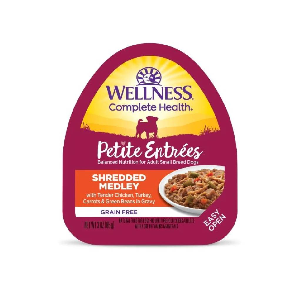 Wellness Dog Small Breed Petite Entrees: Shredded Medley Tender Chicken, Turkey, Carrots & Green Beans In Gravy Grain-Free Tray Dog Food 3oz