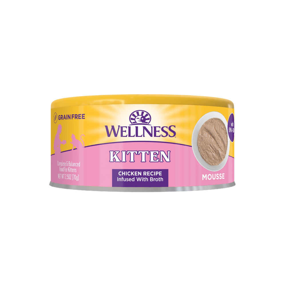 Wellness Yellow Range Mousse Chicken Recipe Kitten Canned Cat Food 2.5oz Front of Pack