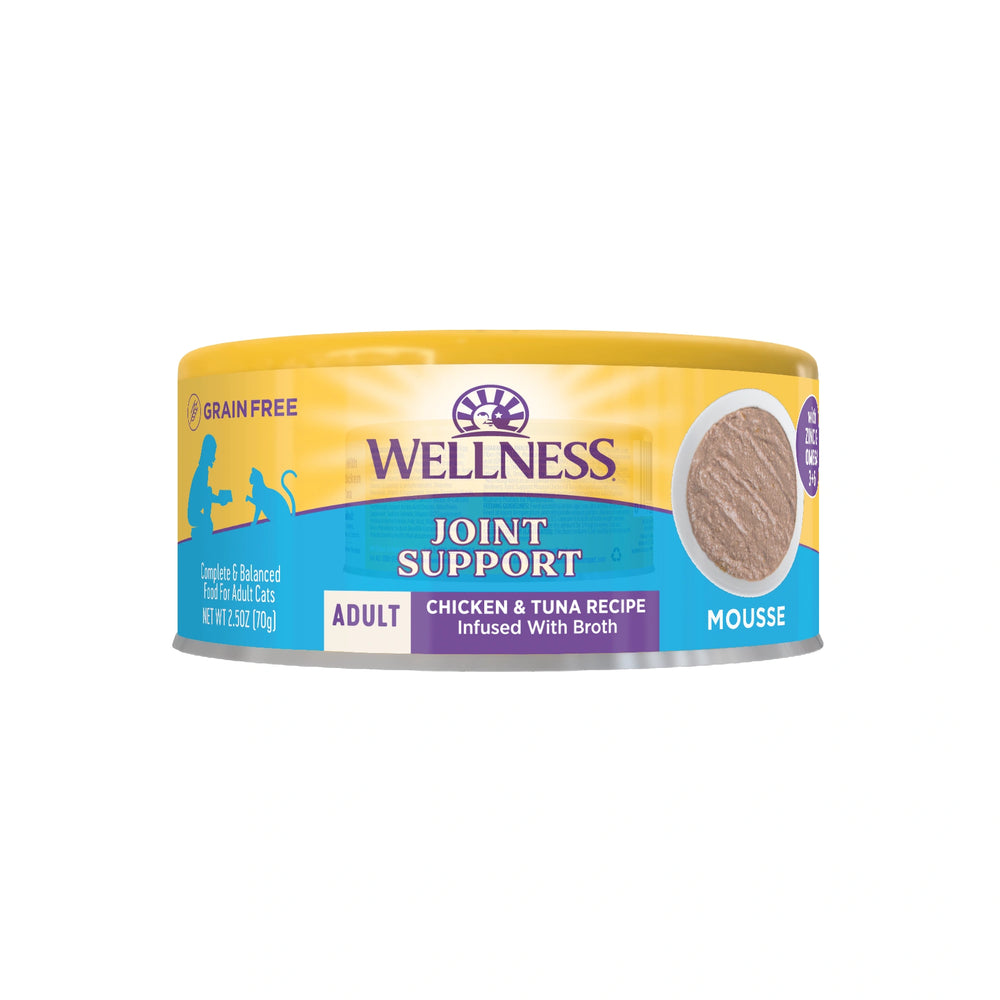 Wellness Yellow Range Mousse Joint Support Chicken Tuna Canned Cat Food 2.5oz Front of Pack