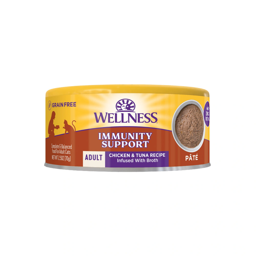 Wellness Yellow Range Pate Immunity Support Chicken Tuna Canned Cat Food 2.5oz Front of Pack