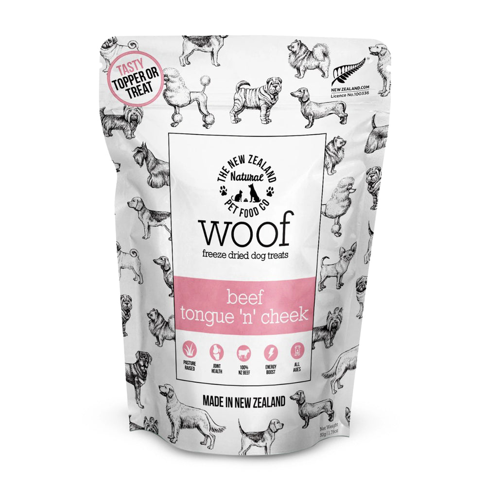 Woof Freeze Dried Raw Beef Tongue 'n' Cheek Dog Treats 50g front of pack