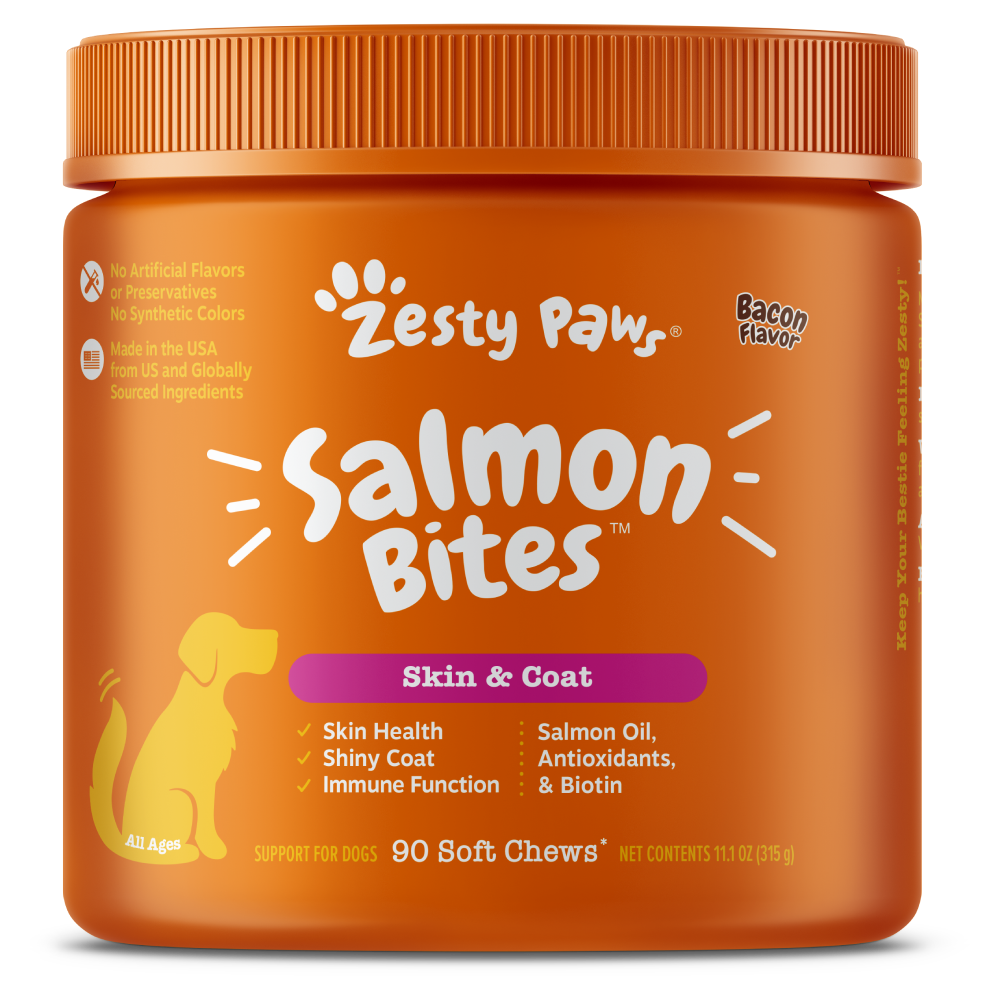 Zesty Paws Dog Salmon Bites Skin & Coat Bacon 90soft chews