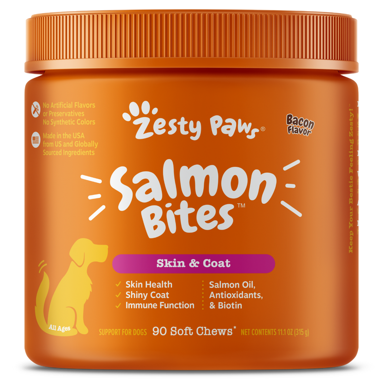 Zesty Paws Dog Salmon Bites Skin & Coat Bacon 90soft chews