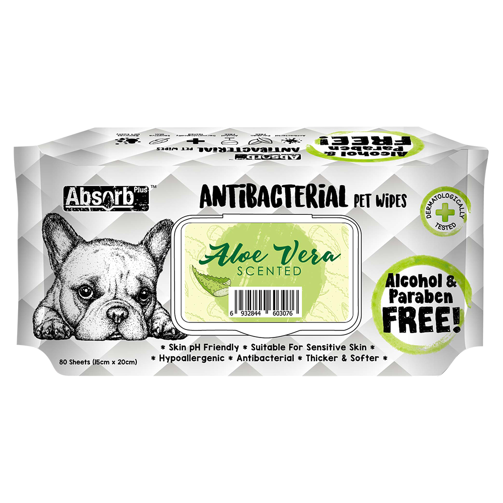 Absorb Plus AntiBacterial Pet Wipes Aloe Vera Scented 15cm x 20cm - 80sheets